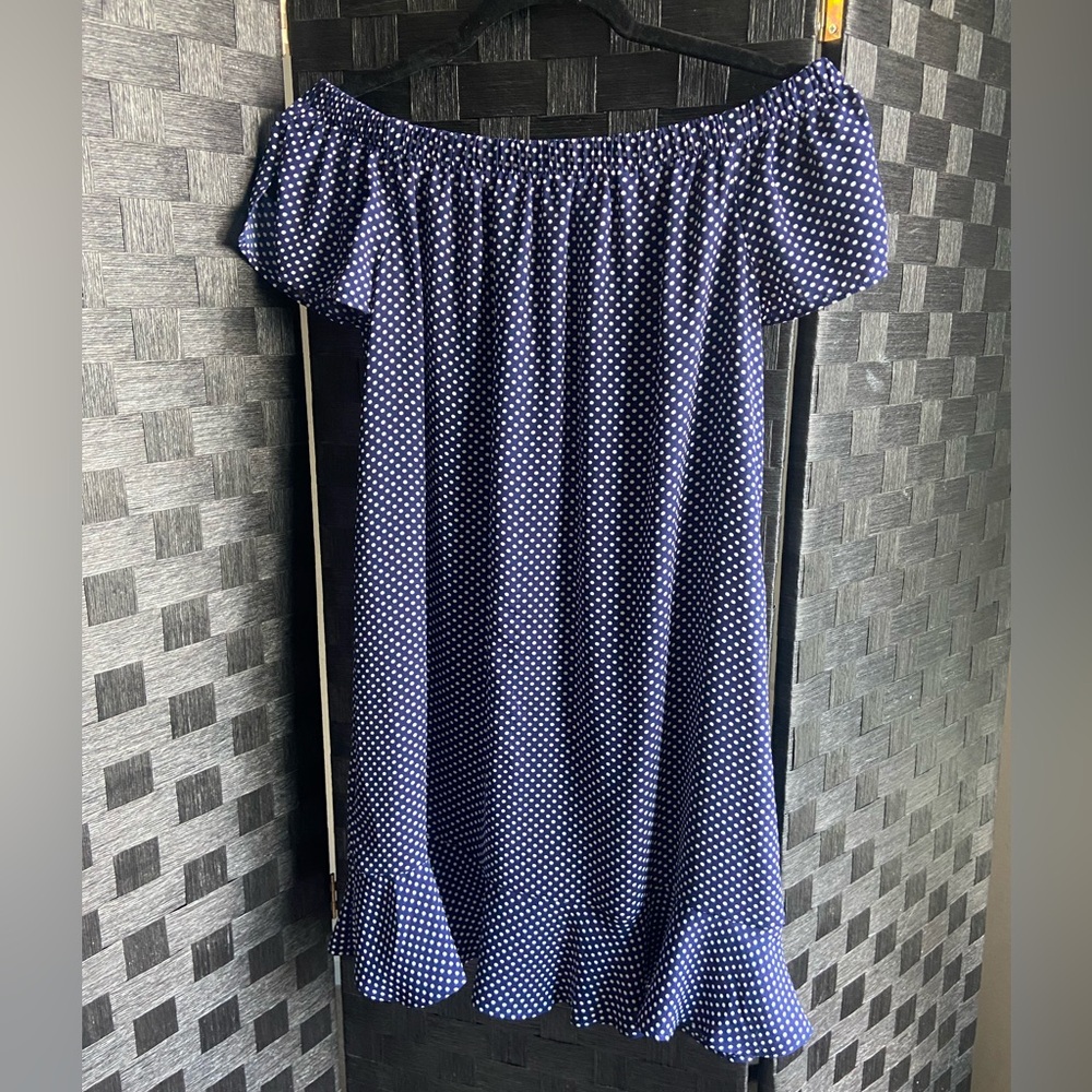 Express Navy Polka Dot Off-Shoulder Dress